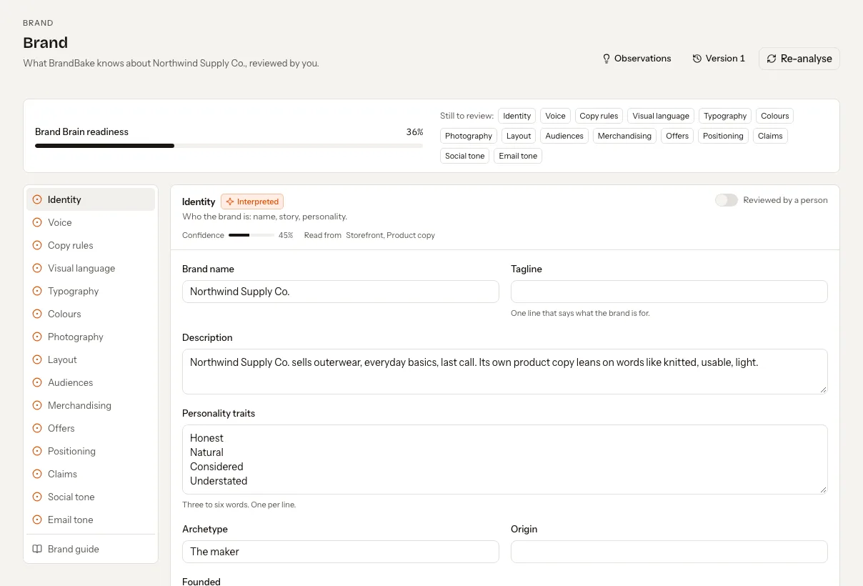 The Brand Brain: readiness bar, sections to review, and the identity section with editable fields.
