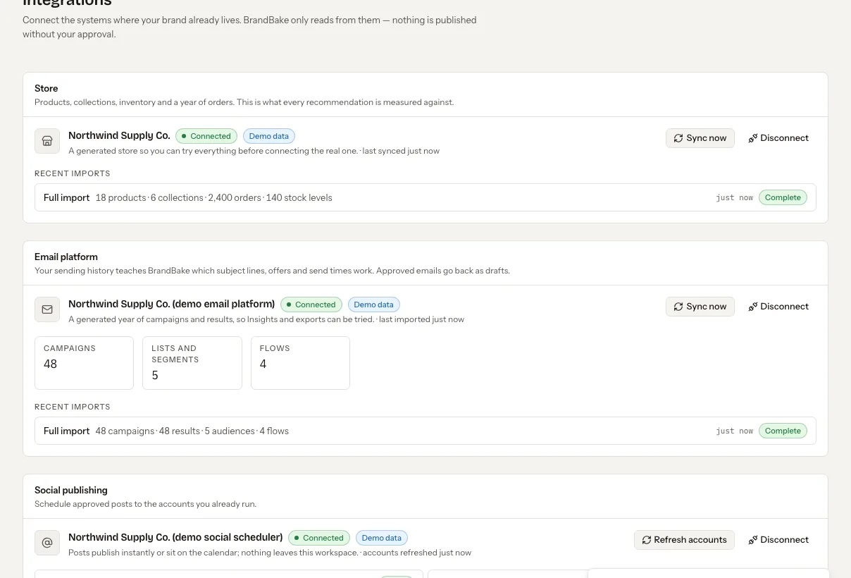 Integrations: the store, the email platform and the scheduler connected, with recent imports listed.